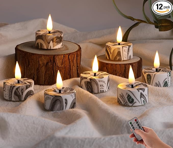 Eywamage Patriotic Flameless Tealights with Remote Batteries, Flickering US Dollar LED Tea Votive Candles Set of 12