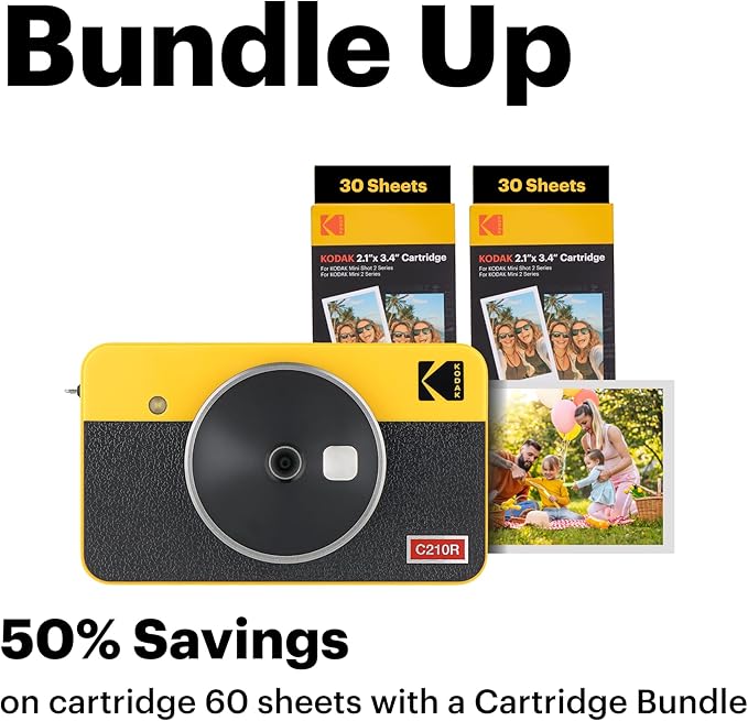 KODAK Mini Shot 2 Retro 4PASS 2-in-1 Instant Digital Camera and Photo Printer (2.1x3.4 inches) + 8 Sheets, White