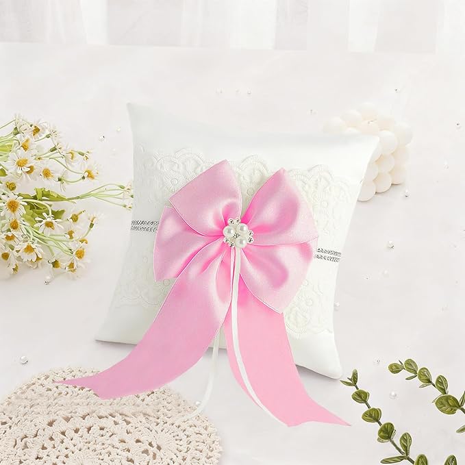 Wedding Ring Bearer Pillow: 8.2 x 8.2 Inch Satin Lace Cushion with Pink Pearl Bow for Ceremony Vows - Secure Ring Holder for Flower Boy or Girl