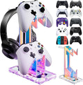 NiHome Iridescent LED Lighting Acrylic Multi-Tier Game Controller Holder & Headset Stand, USB-Powered 7 Colors & 3 Modes, Anti-Slip Gaming Accessories for Desktop, Cable Management (2 Tiers)