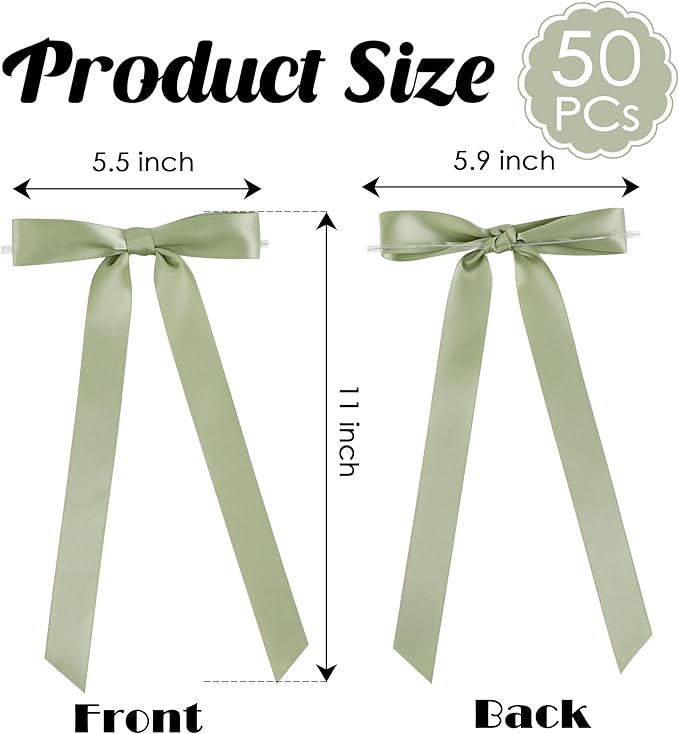 50 PCs Sage Green Bow Decor 5.5'' Satin Bows with Long Tail, Twist Tie Bows for Craft, Packaging Ribbon Bows, Premade Bows for Cake Decorating, Gift Bows for Treat, Wedding Favor, Party