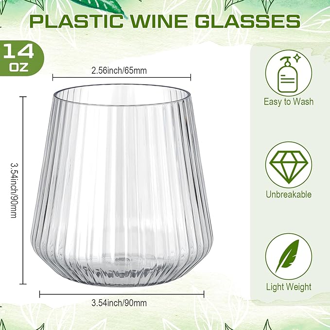 Suclain 100 Pack Plastic Wine Glasses Ribbed Stemless Wine Glasses 14oz Vertical Design Unbreakable Cups for Outdoor Indoor Vintage Elegant Champagne Whiskey Glasses for Christmas Party Wedding