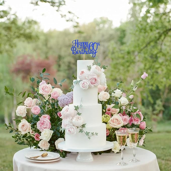 1 PCS Happy 60th Birthday Cake Topper Glitter Cheers to 60 Years Birthday Cake Pick 60 Fabulous Cake Decoration for Happy 60th Birthday Anniversary Party Decorations Supplies Blue