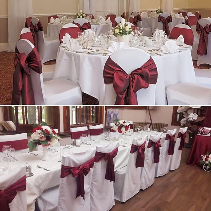 50 PCS Satin Chair Sashes Bows Decorative Universal Chair Cover Chair Ribbon Ties Back Sash for Wedding Birthday Party Ceremony Reception Hotel Events Banquet Restaurant Decor(7 x 108inch,Burgundy)