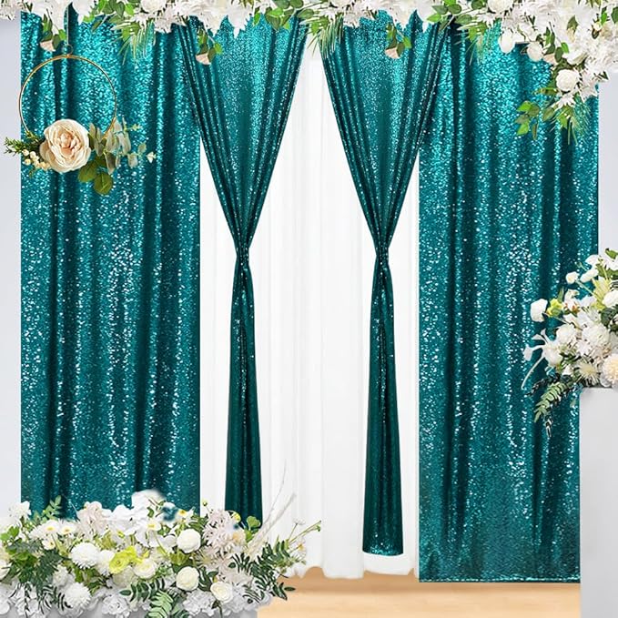 Eternal Beauty Teal Sequin Backdrop Curtains, Shimmer Back Drop 4Panels-2FTx8FT for Christmas, Party, Birthday, Photography, Wedding, Baby Shower Event Decoration