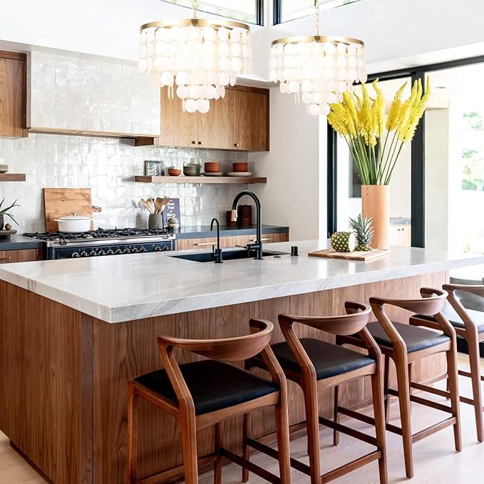 ALICE HOUSE 18.2" White Shell Chandeliers, Brushed Brass Finish, Coastal Kitchen Island Light Fixture, 4 Light Modern Pendant Light for Dining Room, Entryway and Bedroom, ETL Listed, AL2608-P4