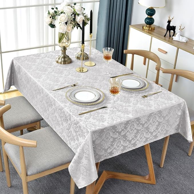 Rectangle Damask Tablecloth Floral Jacquard Washable & Waterproof Polyester Fabric Table Cover for Kitchen Dining Room, Party, Indoor, Outdoor Use, 52 x 70 Inch Grey/Gray