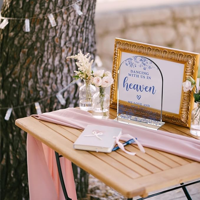 Acrylic Wedding Signs, Dusty Blue Wedding Decor, Blue Weddings Decor, Modern Calligraphy Arch Acrylic Table Top Sign for Weddings Parties Dinners - Dancing With Us in Heaven (Clear)