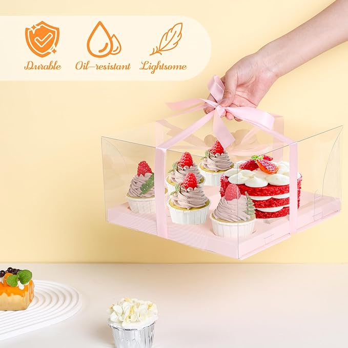 JCD 3 Packs Pink 1+5 Cupcake Containers with Gift Ribbon Cake and Cupcake Combo Bento Boxes with Clear Lid and 5 Cupcake Holes Pastry Sweets Bento Box(Pink 1+5/3Pcs)