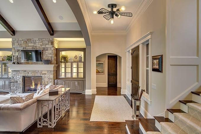 Modern Farmhouse Chandelier,21 Inch Black Metal Geometry Rustic Vintage Semi Flush Mounted Ceiling Light Fixture for Dining Room Bedroom Kitchen Island Hallway Foyer Entryway(4-Light)