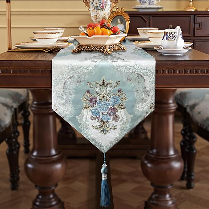 HeMiaor Retro Embroidery Pattern Table Runner with Tassels for Luxurious Home Decor for Party Dinner 120 inches Long Light Blue