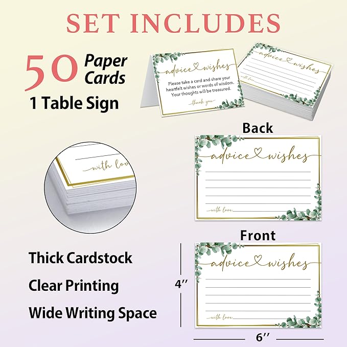 50 Advice and Wishes Cards, Double Sided Fill-In Advice Cards For Bridal, Wedding, Graduate Party, Mr & Mrs, Retirement, Baby Shower, Party Favor & Supplies, 4x6 inches Eucalyptus -A06
