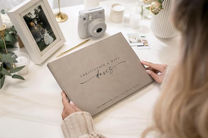 Personalized Guest Book - 11.5" x 8.5" Custom Bride & Groom Names with Bookmark and Hard Cover 140 GSM Blank Pages, for Weddings Guest Book, Engagements, Birthdays, Special Events, Taupe