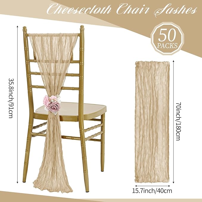 50 PCS Cheesecloth Chair Sashes, Bows Designed ChairSashes, 15.7x70 inch Chair Sashes for Aisle Decorations Universal Chairs Cover Decoration for Wedding Reception Party Banquet (Beige)