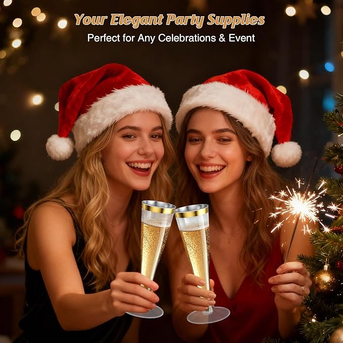 200 Pack Champagne Flutes Plastic Wine Glasses Disposable, 4.5 Oz Gold Rim Mimosa Glasses for 2025 Engagement Wedding Birthday New Years Eve Xmas Party Supplies, Bulk Toasting Cocktail Cups