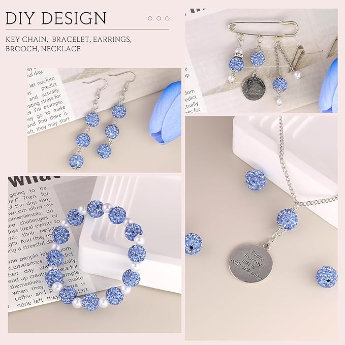 100 pcs 10mm Rhinestone Beads for Jewelry Making, Light Blue Shiny Round Shamballa Disco Beads Bulk, Sparkle Crystal Clay Christmas for Bracelet Baseball Necklace Earring Crafting and DIY