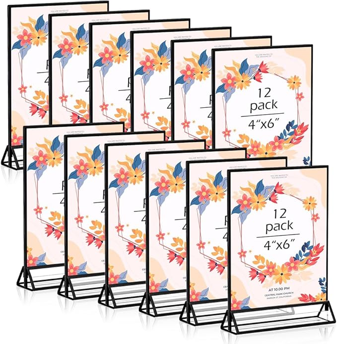 12PCS Acrylic Black Sign Holders, Wedding Table Sign Double Sided Holder, Acrylic Black Frame Sign Holders Display Stand for Wedding Table Numbers, Restaurant Sign, Menu, Photo (4" x 6")