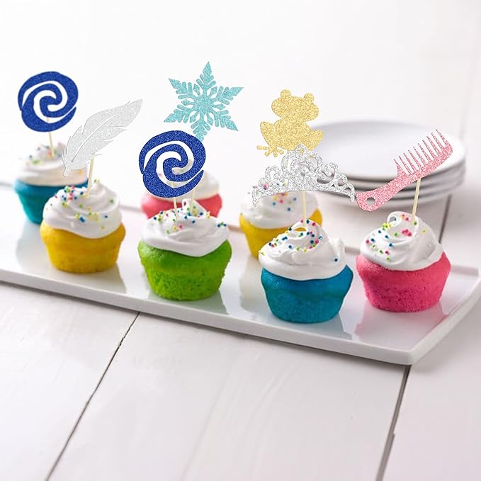 Gyufise 24Pcs Princess Symbol Cupcake Toppers Crown Frog Feather Comb Snowflake Cupcake Pick Decorations for Princess Theme Baby Shower Kids Birthday Party Supplies