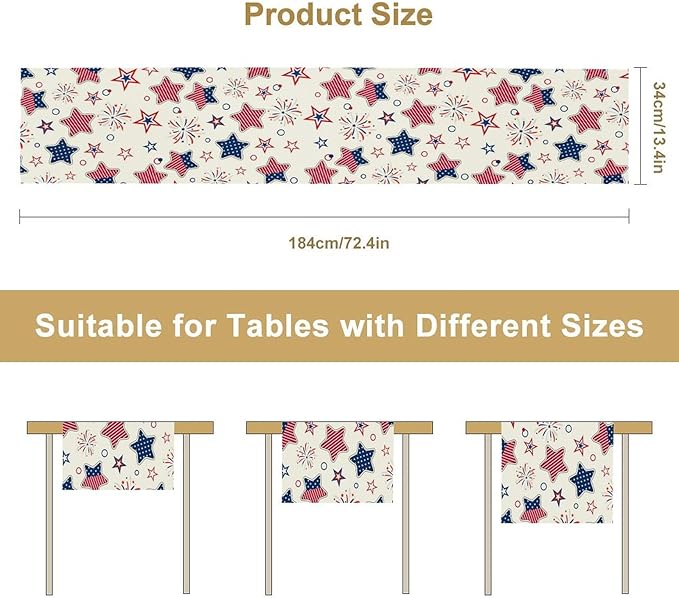 4th of July Table Runner, American Patriotic Independence Day Red Blue White Stars Stripes Fireworks Print Table Runner for Home Party Decor Kitchen Dining Table, 13x36inch