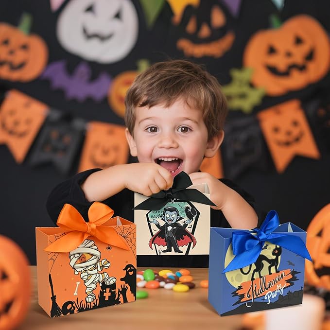 24PCS Halloween Goodies Bags, Trick or Treat Candy Gift Paper Bags Bulk with Ribbons, Halloween Treat Boxes for Kid, Party Favor, Classroom Exchange, Home Decoration 4.5 x 3.9 x 1.7 Inches