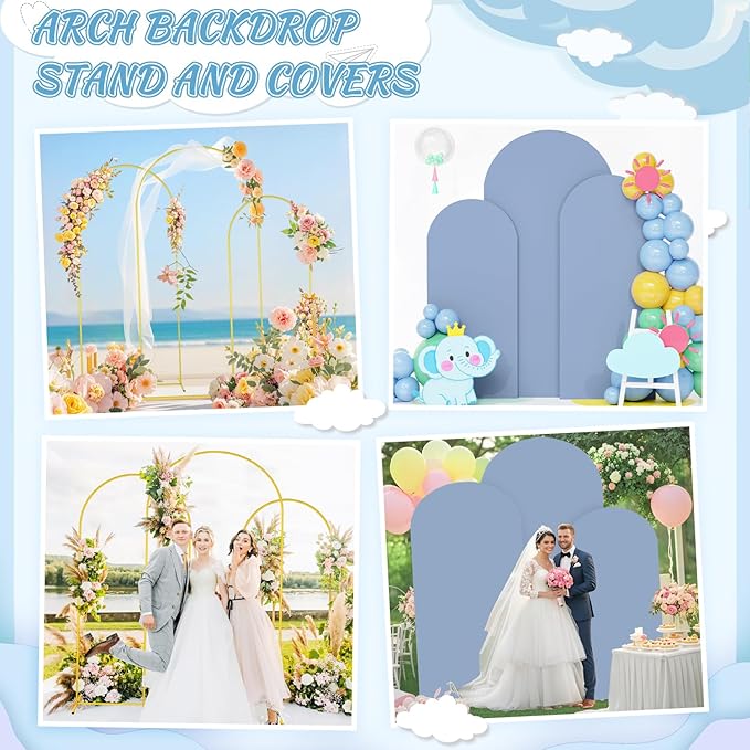 FOTSHARER Metal Arch Backdrop Stand and Cover Set 7.2FT 6.6FT 6FT Backdrop Arch Stand with Dusty Blue Wedding Arched Cover Set of 3 Background Arch Stand for Baby Shower Bridal Shower Event Decor