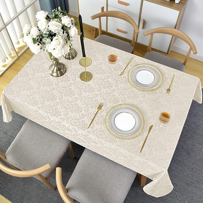 Jacquard Tablecloth Square 52 x 52 Inch Beige, Spill Proof Stain Resistant Damask Table Cloth, Washable Polyester Table Cover for Dining, Party, Indoor, Outdoor (Off White, Square)