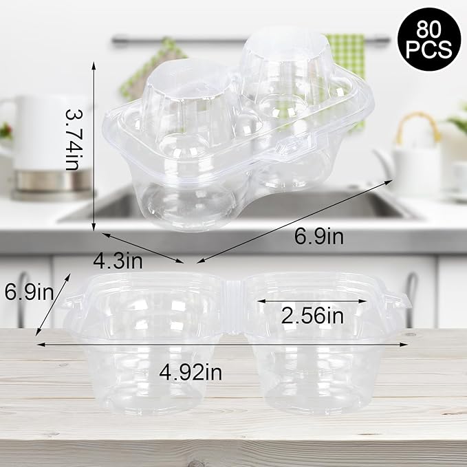 80 Pack Plastic Cupcake Containers 2-Compartment Clear Cupcake Boxes Disposable Cupcake Tray Holders 2 Cavity Cupcake Carriers with Deep Dome For Cupcake Muffin Packaging