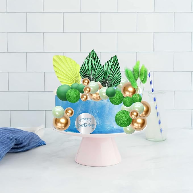 Ephlyn 33 Pack Balls Cake Toppers Boho Palm Leaves Cake Decorations Round Acrylic Happy Birthday Cupcake Toppers for Birthday Wedding Baby Shower Party Supplies Green