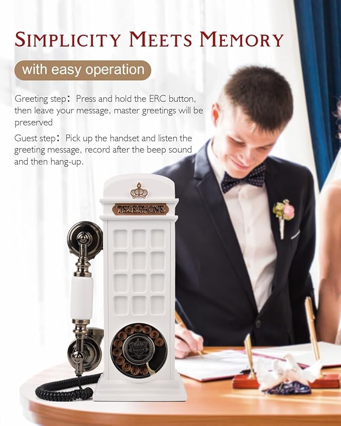 Audio Guest Book Wedding Phone, Record Customized Audio Message Guest Book for Wedding, Party and Gathering, Vintage Phone Booth Design， White