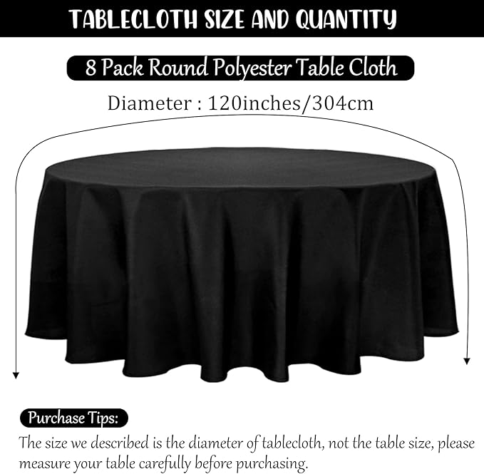 8 Pack Premium Round Tablecloth 120 Inch Round Table Covers Washable Polyester Fabric Round Table Clothes for Wedding Party Reception Banquet Buffet Restaurant (Black, 120 Inch)