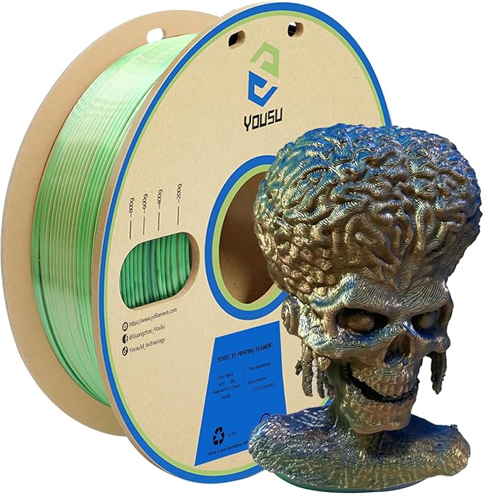 YOUSU PLA Filament Triple Color Coextrusion Silk 3D Printer Filament 1.75mm for 3D Printer & 3D Pen, Multicolor PLA Rainbow Filament,1kg(2.2lbs) Silk Gold Green Blue.