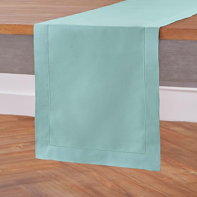 Solino Home Cotton Linen Table Runner 120 Inches Long - Hemstitch Pastel Turquoise Dining Table Runner 14 x 120 Inch