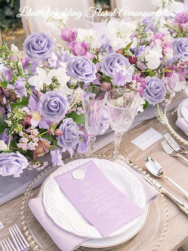 N&T NIETING Purple Artificial Flowers, 25pcs Artificial Flowers Bulk Fake Flowers Roses with Stem for DIY Wedding Bridal Bouquet Baby Shower Home Decoration, Lavender