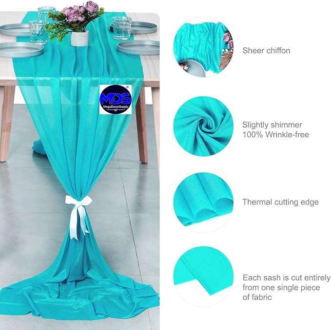 MDS 20 Pack 10ft Chiffon Table Runner 29 x 120 Inches Sheer Wedding Runner Romantic Rustic Table Runner for Wedding Decorations, Birthday Parties, Bridal Shower Party Arch Decor - Peacock Blue