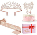 34th Birthday Decorations for Women Including Birthday Sash, Tiara/Crown, Numeral Candles and Cake Topper, 34 Year Old Gifts for Women, Rose Gold Party Decor Supplies