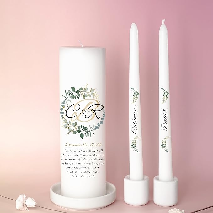 Unity Candles for Wedding, Modern Unity Set, Custom and Personalized Pillar and Taper Candles with Bible Quote, Unscented White Premium Wax, Religious and Wedding Ceremony, Special Events (Zinnia)