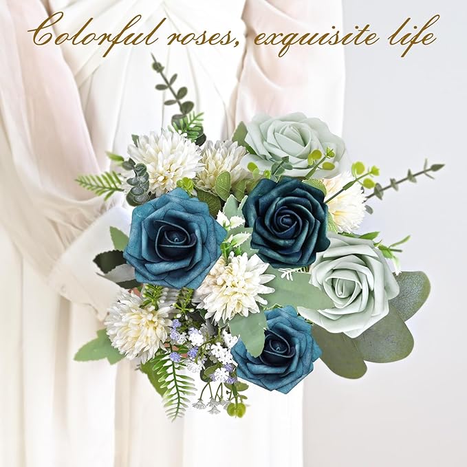 BLEUM CADE 36Pcs Artificial Flowers Fake Roses with Stems, Gradient Misty Blue Boxed Foam Roses for DIY Bouquets Centerpieces Wedding Party Arrangement Bridal Shower Decor