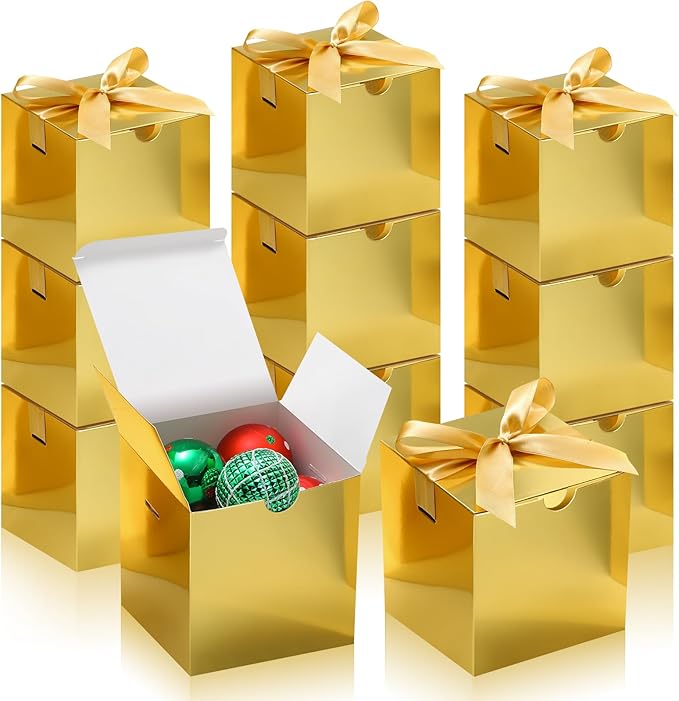 DOYIDE 20 Pack Small Gift Boxes, 6x6x6 Inch Gold Elegant Paper Boxes with Ribbons, Christmas Gift Box Crafting, Wedding Party Favor, Cupcake, Candy, Bridesmaids Proposal Box