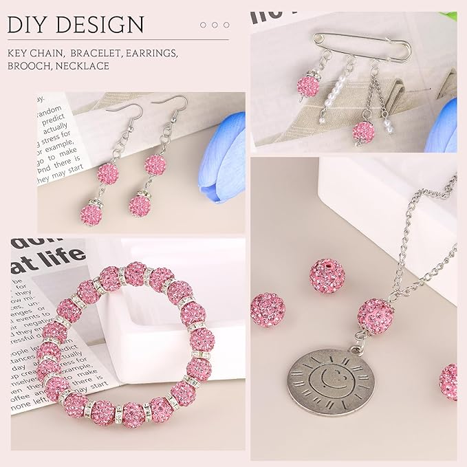 100pcs 10mm Rhinestone Beads for Jewelry Making, Dark Pink Shiny Round Shamballa Disco Ball Beads Bulk, Sparkle Crystal Clay Christmas for Bracelet Baseball Necklace Earring Crafting and DIY