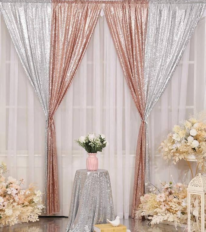 Poise3EHome Silver Sequin Backdrop Curtain, 2 PCS 5FT x 10FT Sequin Panels for Backdrop,Sequence Wedding Party Background Drapes
