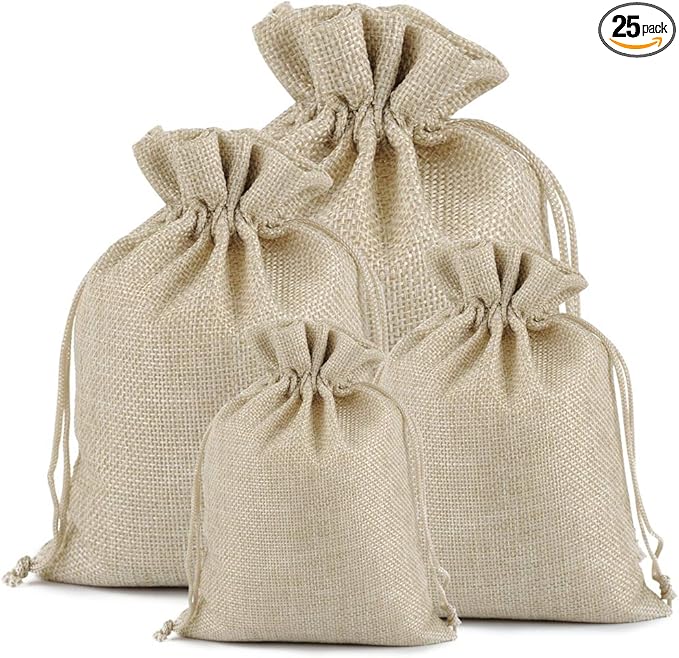Lucky Monet 25/50/100PCS Burlap Gift Bags Wedding Hessian Jute Bags Linen Jewelry Pouches with Drawstring for Birthday, Party, Wedding Favors, Present, Art and DIY Craft (25Pcs, Cream, 4” x 6”)