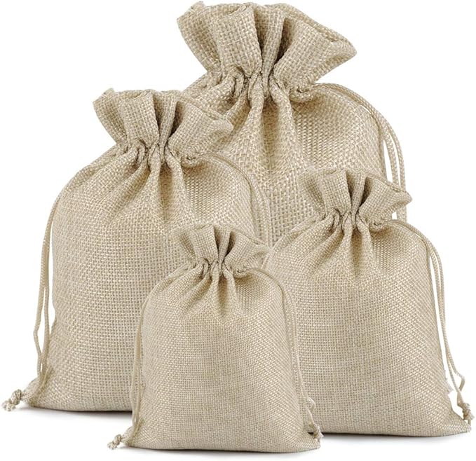 Lucky Monet 25/50/100PCS Burlap Gift Bags Wedding Hessian Jute Bags Linen Jewelry Pouches with Drawstring for Birthday, Party, Wedding Favors, Present, Art and DIY Craft (50Pcs, Cream, 5” x 7”)