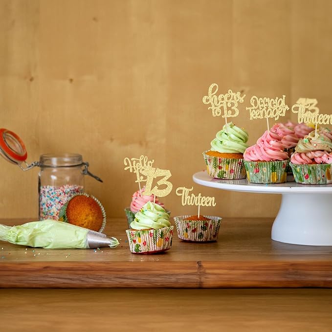 30Pcs 13th Birthday Cupcake Toppers Hello 13 Cupcake Picks Official Teenager Cheers to 13 Years Old Cake Decorations for 13th Birthday Anniversary Party Supplies Gold Glitter