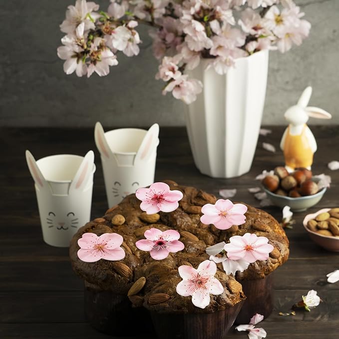70PCS Edible Cherry Blossoms Cupcake Toppers Pink Edible Cherry Flowers Cake Decorations Wafer Paper Flowers Cupcake Topper for Flowers Theme Baby Shower Birthday Party Decor Supplies