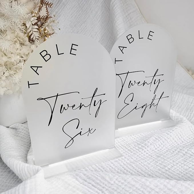 JINMURY Frosted Arch Wedding Table Numbers 1-15 with Stands, 5x7 Inch Frosted Arch Acrylic Sign with Black Letters, Arched Acrylic Table Numbers for Wedding Reception