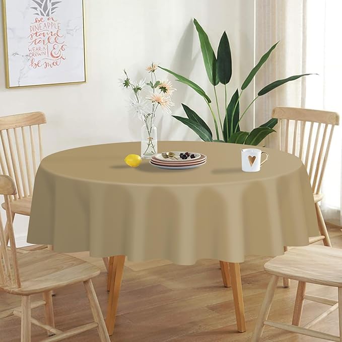 QIKSION Gold Round Tablecloth 3 Pack, 84 Inch Plastic Table Cover Disposable for Parties