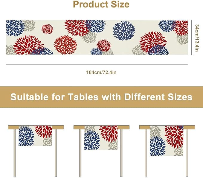 4th of July Table Runner, Blue Red Dahlia Flower American Patriotic Memorial Day Table Runner for Farmhouse Kitchen Dining Table Party Decor, 13x108inch