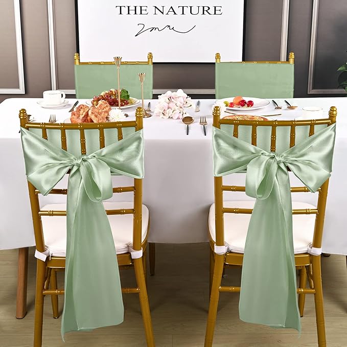 fani 60 PCS Sage Green Satin Chair Sashes Bows Universal Chair Cover for Wedding Reception Restaurant Event Decoration Banquet,Party,Hotel Event Decorations (7 x 108 inch)