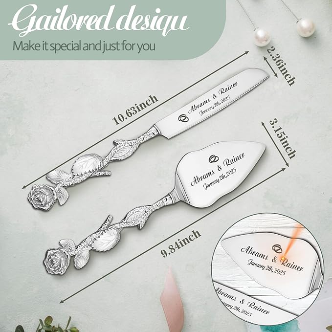 HJX Personalized Wedding Cake Knife and Server Set - Custom Name Engraved Cutting Set with Elegant Gift Box, Ideal for Bridal Wedding Anniversary Birthday Gifts (Rose handle)