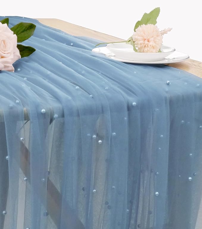 Pearl Table Runner 29 x 120 Inch Tulle Fabric Lace Table Runners Boho Rustic Tablecloth for Bridal Shower Birthday Party Wedding Arch Aisle Veil Dessert Table Decor(1 Pack, Dusty Blue)